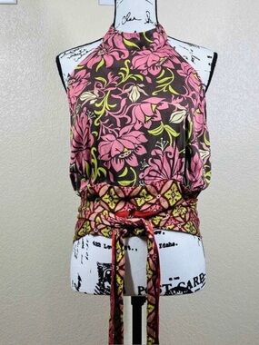 Haute Hippie pink halter top floral mock neck open back size L boho baddie